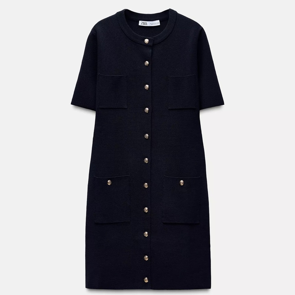 Zara Navy Short Sleeve Button-Front Mini Dress